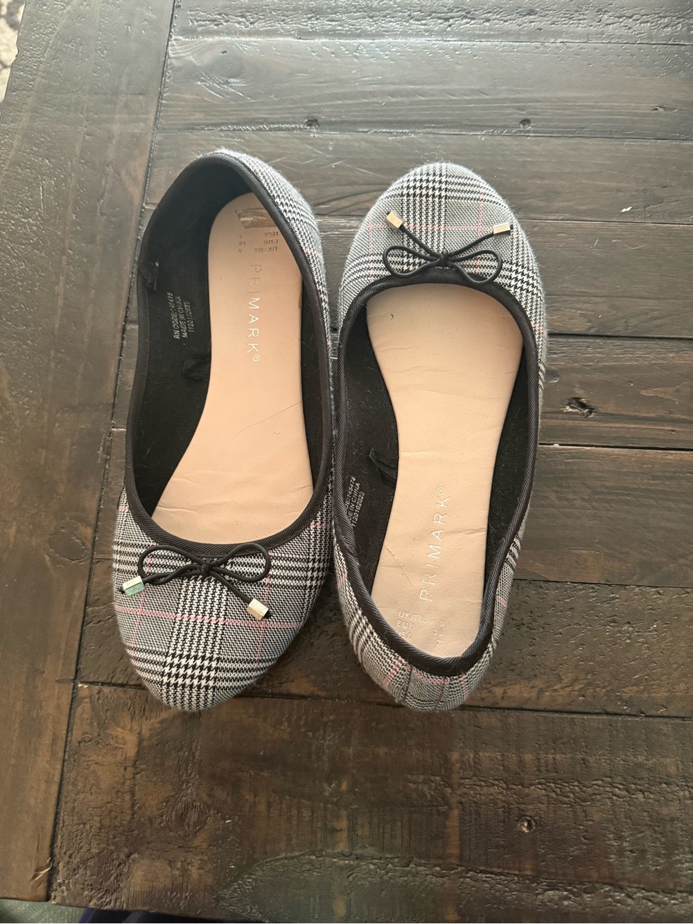Primark Plaid Bow Ballet Flats in Grey with Pink Accent